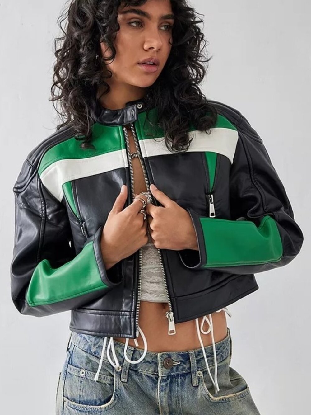 Lioness Colorblock Faux Leather Cropped Moto Jacket Black Green M